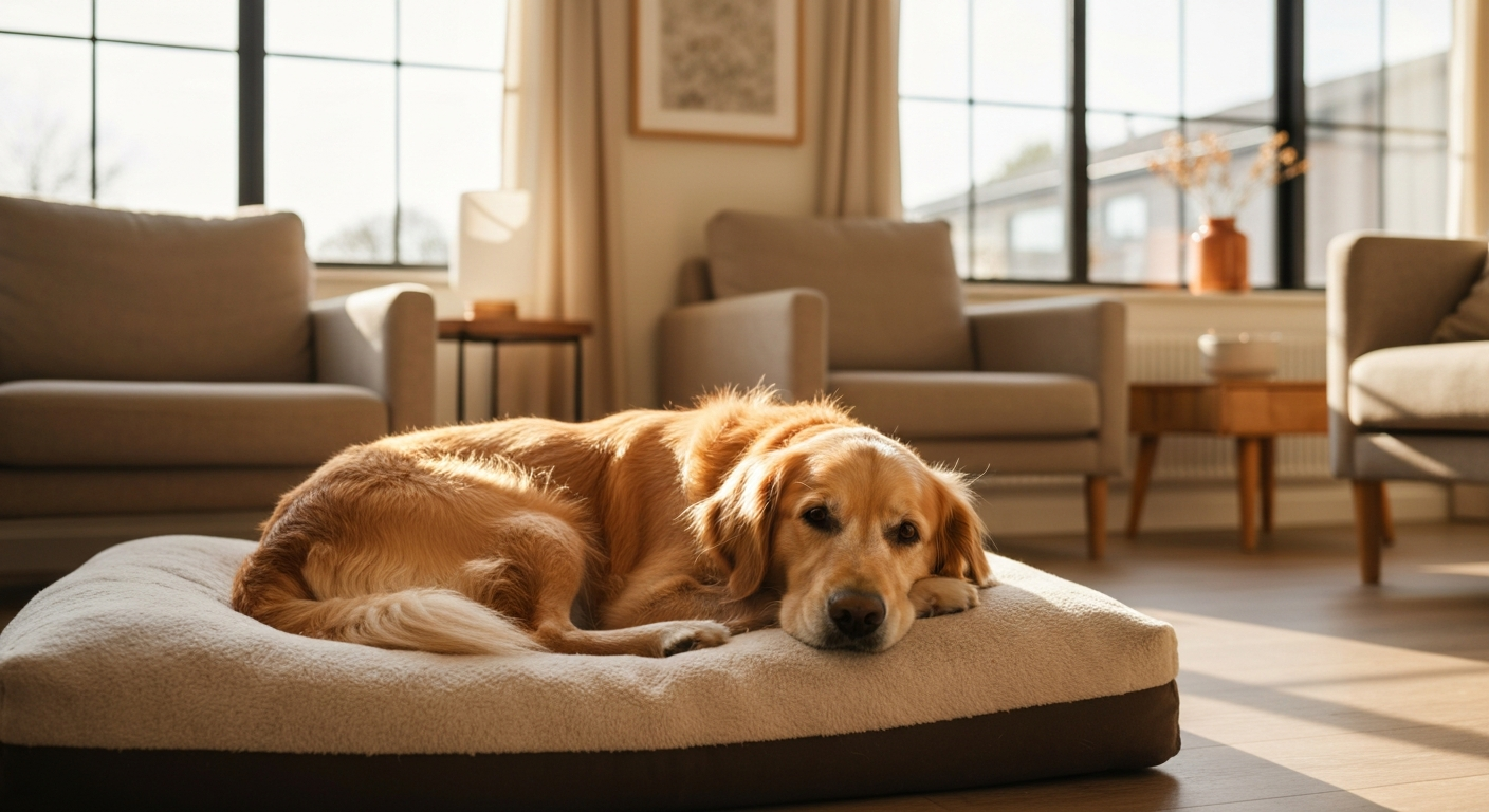 A calm dog lying on a comfortable dog bed in a bright sunlit room, relaxed and unhurried, peaceful home environment, no stress indicators