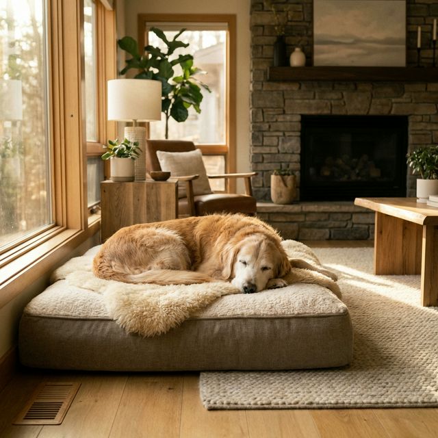 A peaceful senior Golden Retriever resting on a luxury orthopedic bed