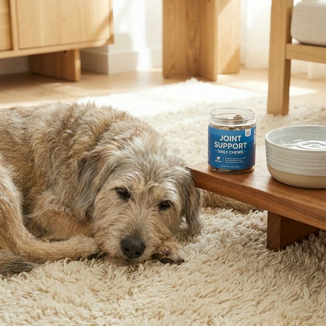 Close-up of a senior dog resting comfortably with medication and fresh water nearby