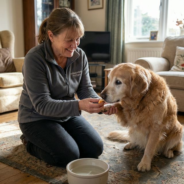 Kind pet sitter gently interacting with a senior dog in a comfortable home